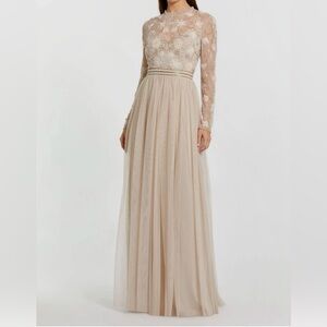 Mac Duggal Elegant Long Sleeve Evening Dress in Beige/ Vanilla